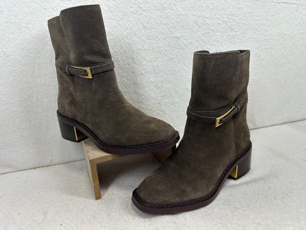NEW Vince Camuto Gali Dark Tobacco Suede Block Heel Metallic Detailing Bohochic